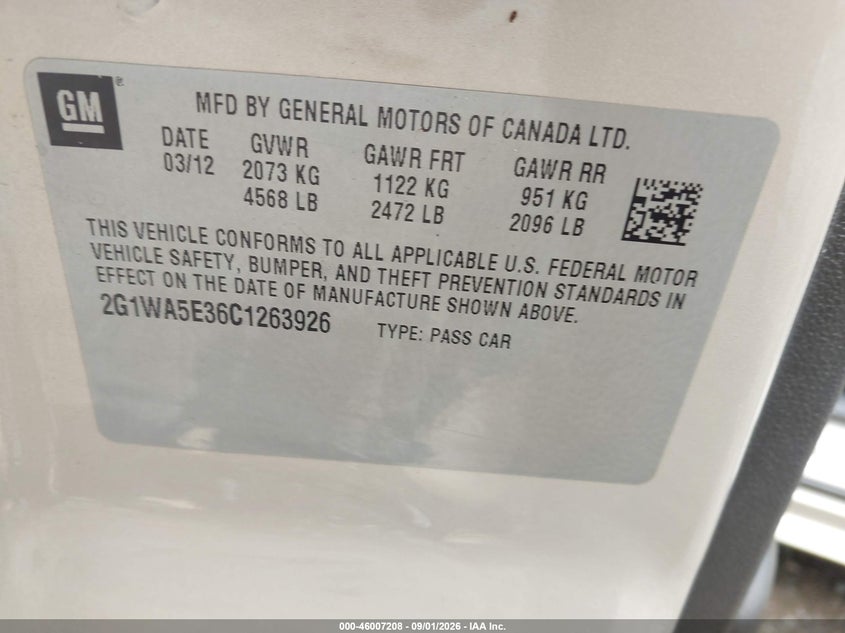 CHEVROLET IMPALA 2012 VIN 2G1WA5E36C1263926