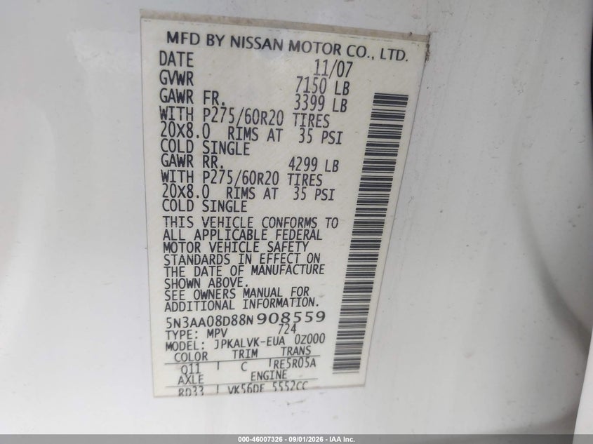 INFINITI QX56 2008 VIN 5N3AA08D88N908559
