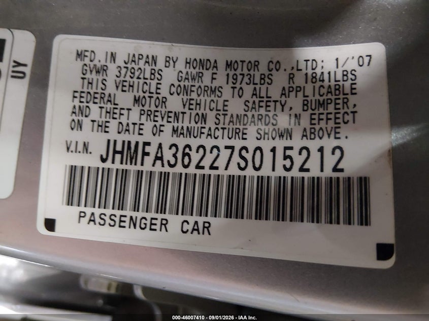 2007 HONDA CIVIC SEDAN 1.3L I-4 VVT, REGULAR , 93HP