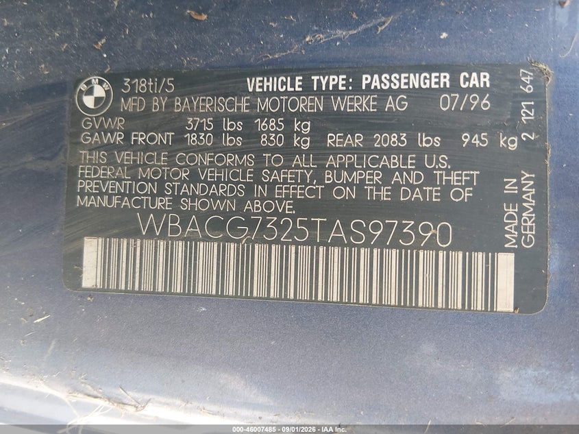 BMW 318 1996 VIN WBACG7325TAS97390