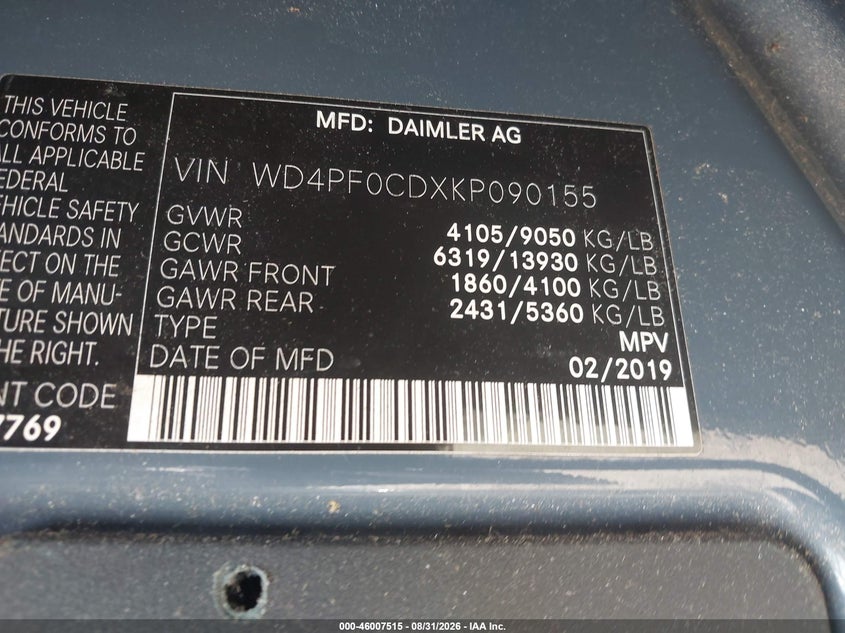 MERCEDES-BENZ SPRINTER 2500 2019 VIN WD4PF0CDXKP090155