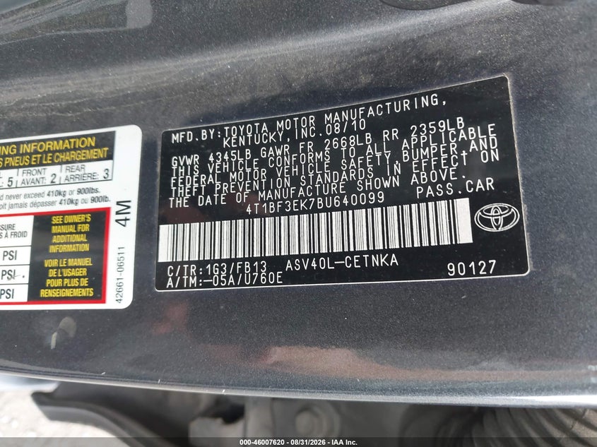 TOYOTA CAMRY 2011 VIN 4T1BF3EK7BU640099