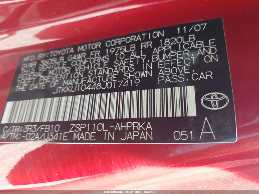 SCION XD 2008 VIN JTKKU10448J017419