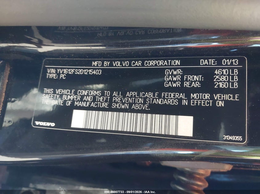 VOLVO S60 2013 VIN YV1612FS2D1215403