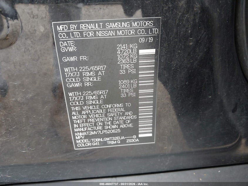 NISSAN ROGUE 2020 VIN KNMAT2MV7LP520625
