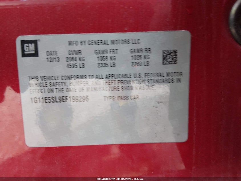 2014 CHEVROLET MALIBU SEDAN 2.5L I-4 DI, DOHC, VVT, REGULAR , 196HP