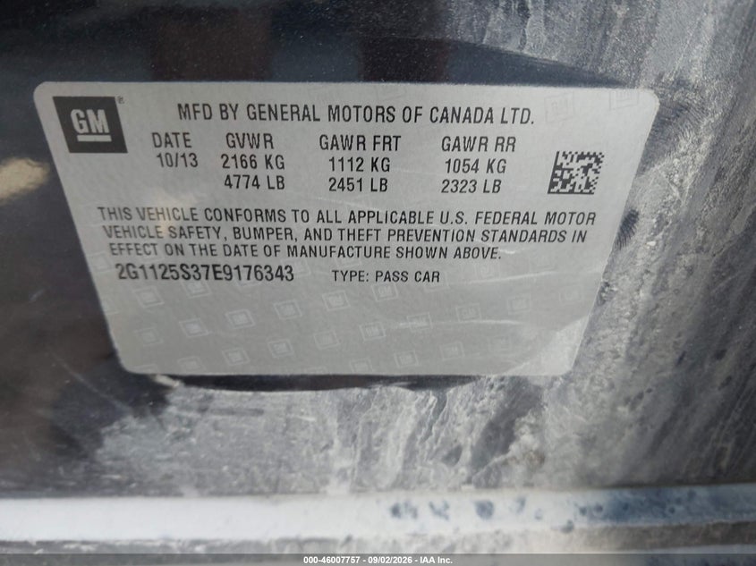 CHEVROLET IMPALA 2014 VIN 2G1125S37E9176343