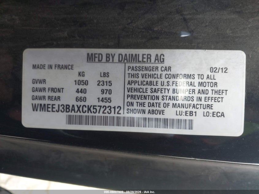 SMART FORTWO 2012 VIN WMEEJ3BAXCK572312