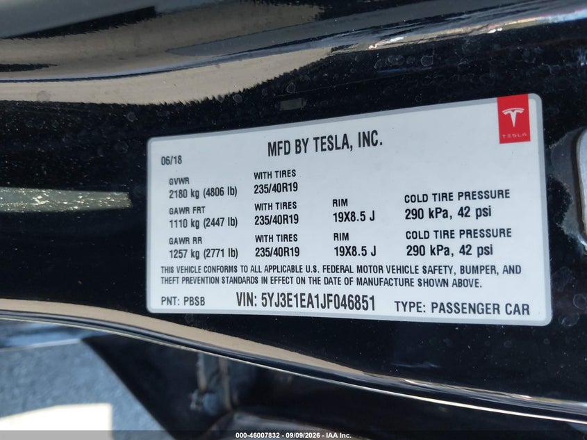 TESLA MODEL 3 2018 VIN 5YJ3E1EA1JF046851