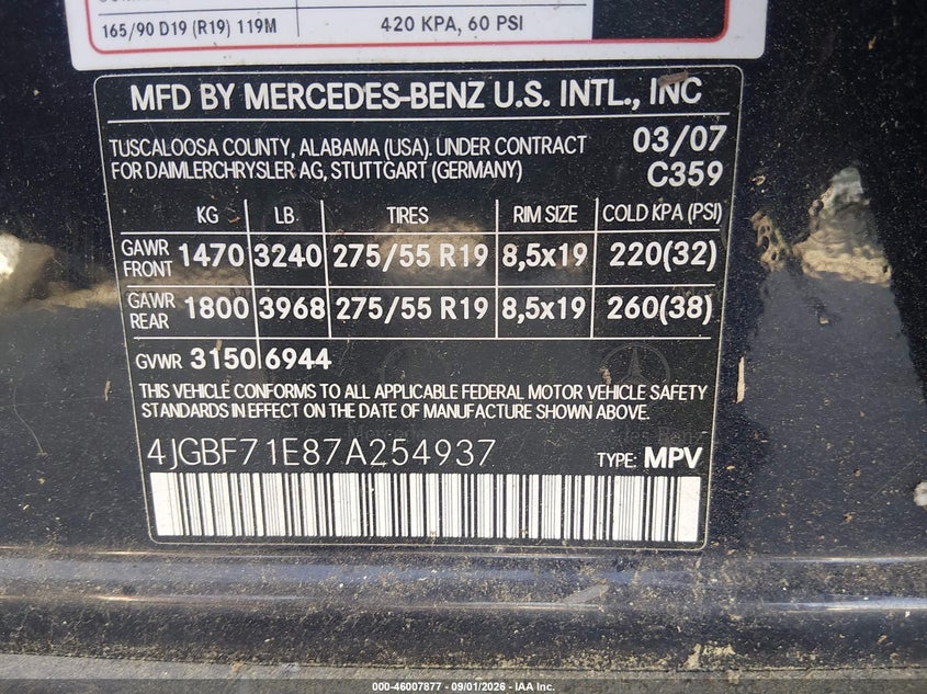 MERCEDES-BENZ GL 450 2007 VIN 4JGBF71E87A254937