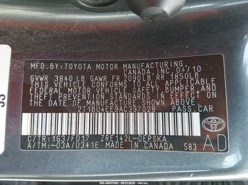 TOYOTA COROLLA 2010 VIN 2T1BU4EE9AC397028