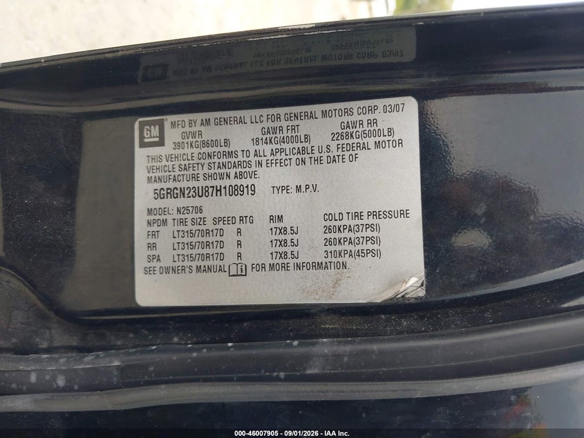 HUMMER H2 SUV 2007 VIN 5GRGN23U87H108919