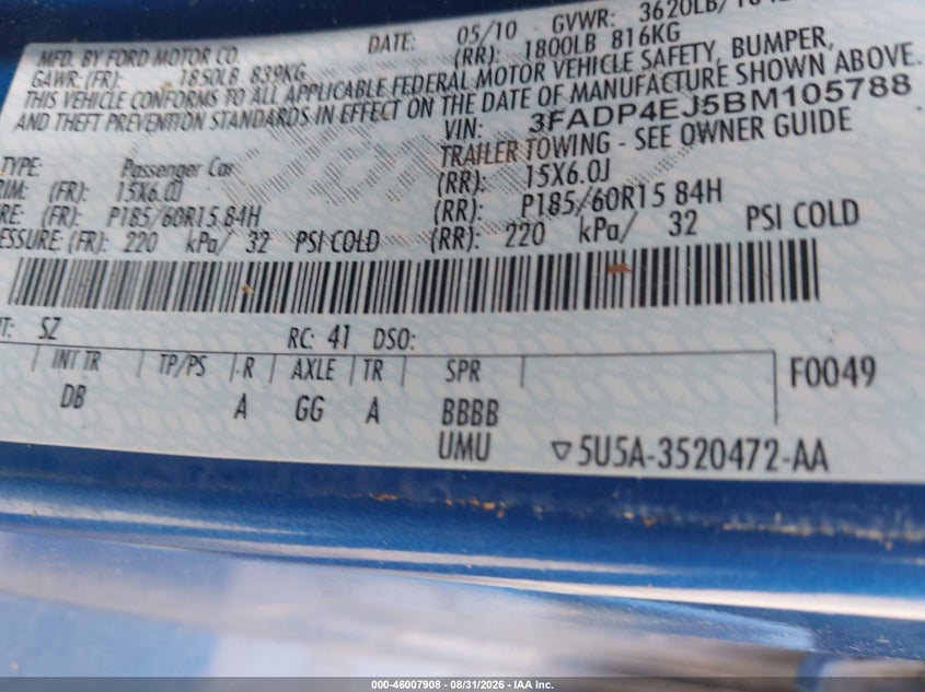 FORD FIESTA 2011 VIN 3FADP4EJ5BM105788