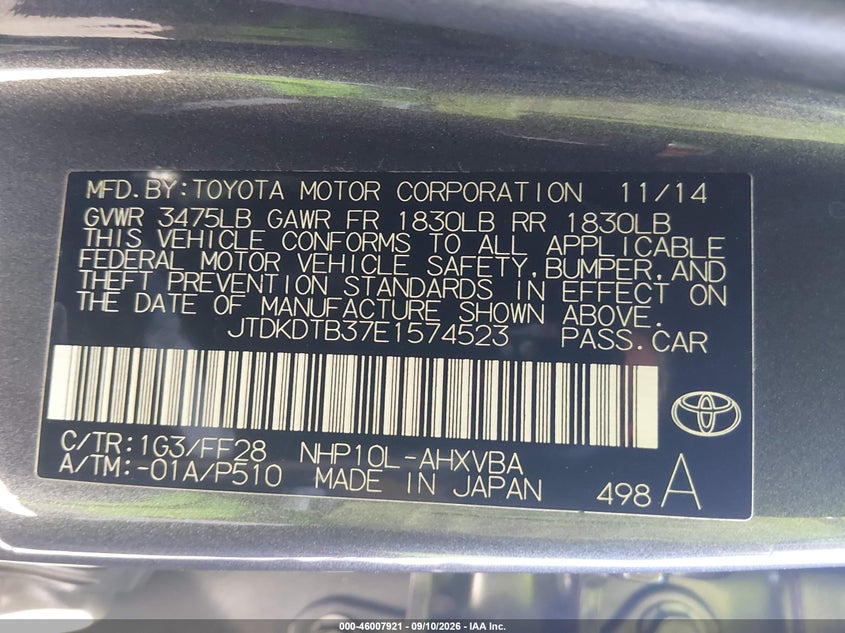 TOYOTA PRIUS C 2014 VIN JTDKDTB37E1574523