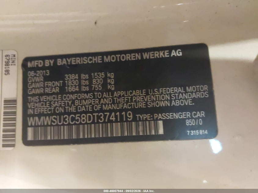 MINI HARDTOP 2013 VIN WMWSU3C58DT374119