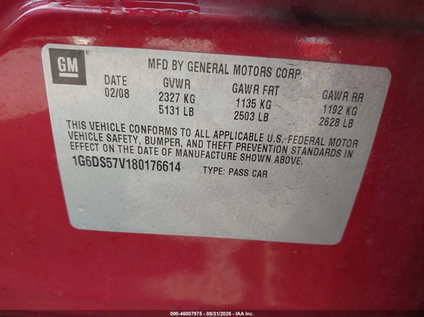 CADILLAC CTS 2008 VIN 1G6DS57V180176614
