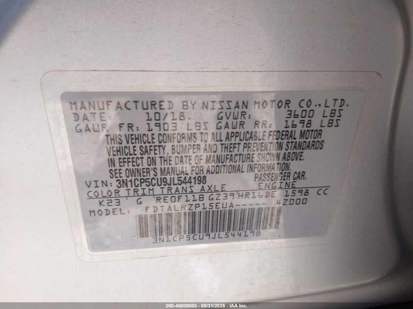 NISSAN KICKS 2018 VIN 3N1CP5CU9JL544198