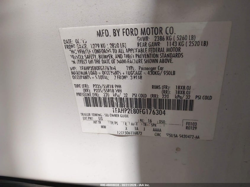 FORD TAURUS 2015 VIN 1FAHP2E80FG176304