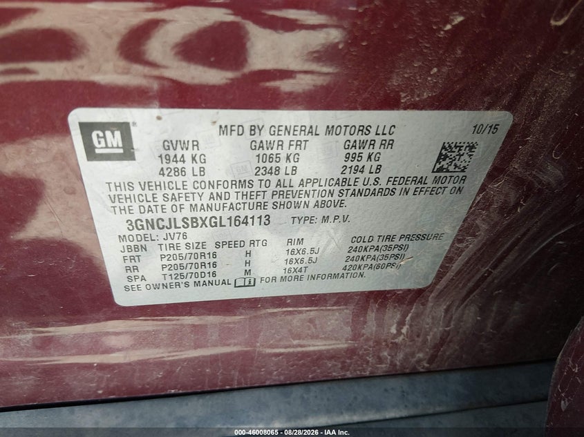 CHEVROLET TRAX 2016 VIN 3GNCJLSBXGL164113