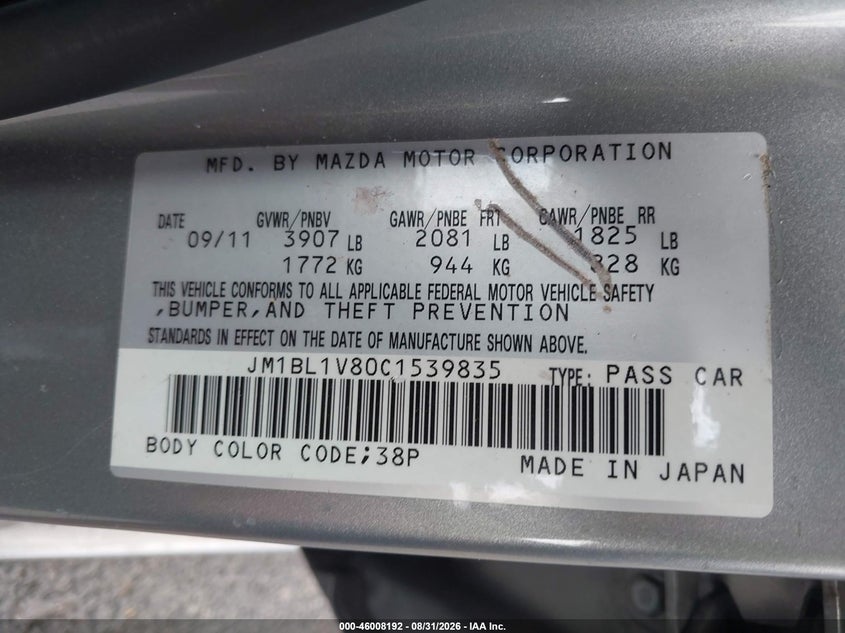 2012 MAZDA 3 SEDAN 2.0L I-4 DI, DOHC, VVT, REGULAR , 155HP
