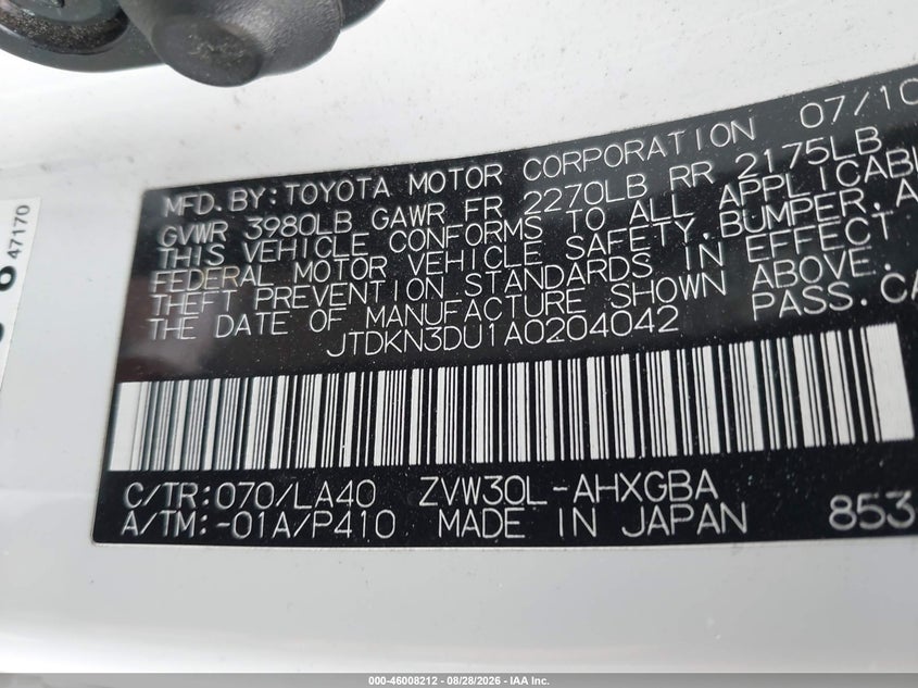 TOYOTA PRIUS 2010 VIN JTDKN3DU1A0204042