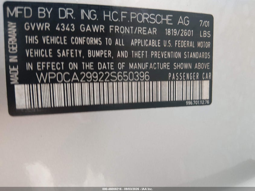 PORSCHE 911 2002 VIN WP0CA29922S650396