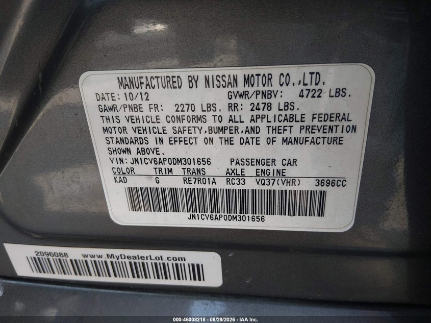 INFINITI G37 2013 VIN JN1CV6AP0DM301656