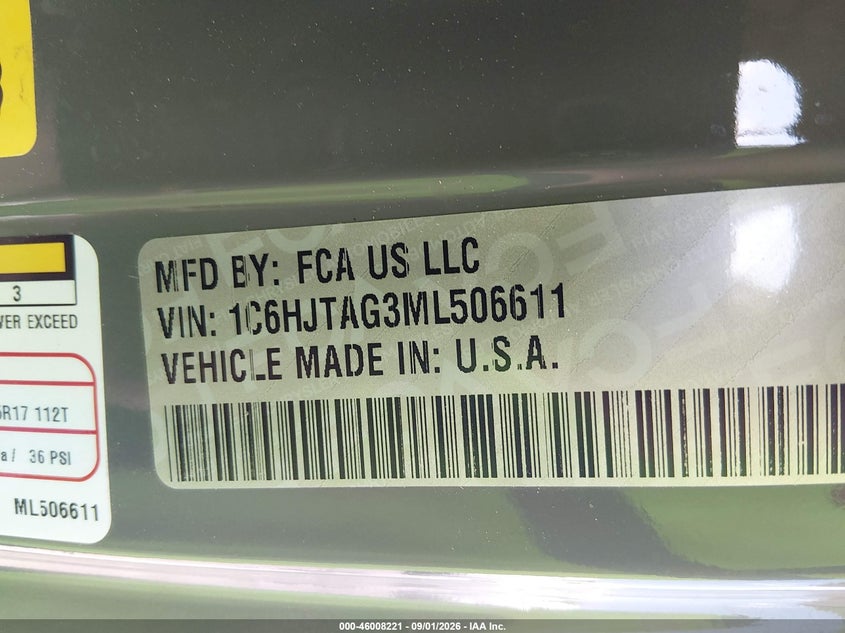 JEEP GLADIATOR 2021 VIN 1C6HJTAG3ML506611