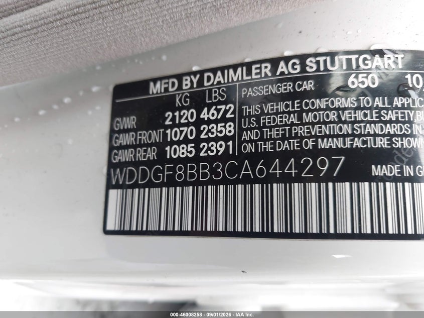 MERCEDES-BENZ C 300 2012 VIN WDDGF8BB3CA644297