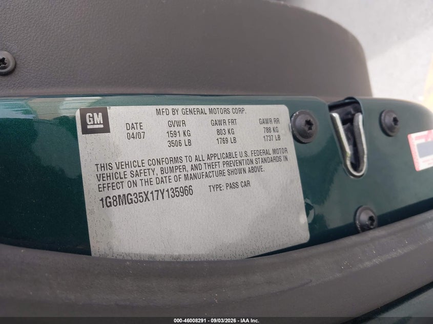 SATURN SKY 2007 VIN 1G8MG35X17Y135966