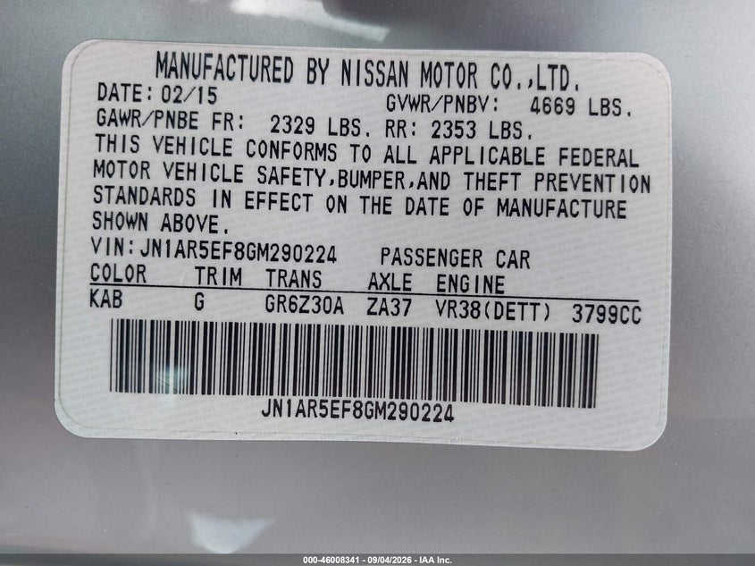 NISSAN GT-R 2016 VIN JN1AR5EF8GM290224