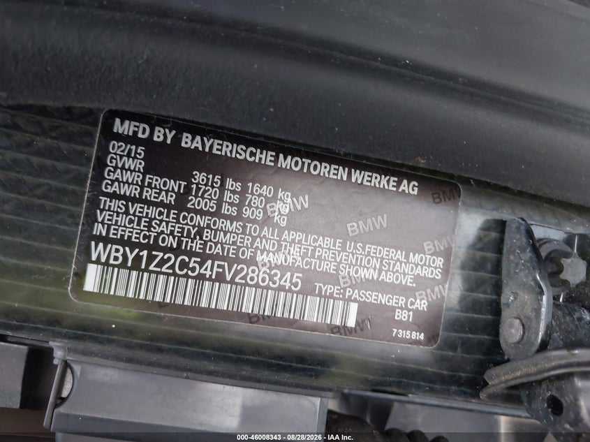 BMW I3 2015 VIN WBY1Z2C54FV286345