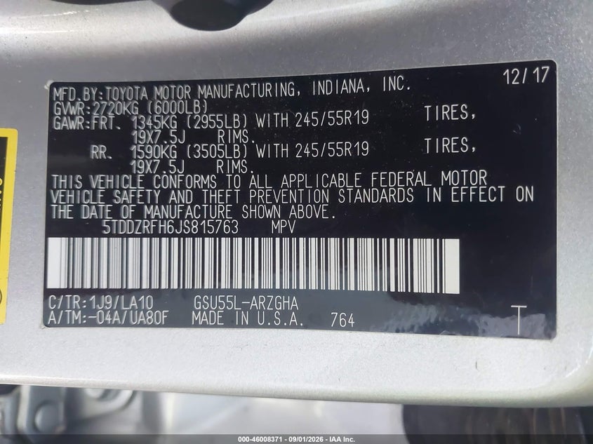 2018 TOYOTA HIGHLANDER SPORT UTILITY VEHICLE 3.5L V-6 DI, DOHC, VVT, REGULAR , 295HP