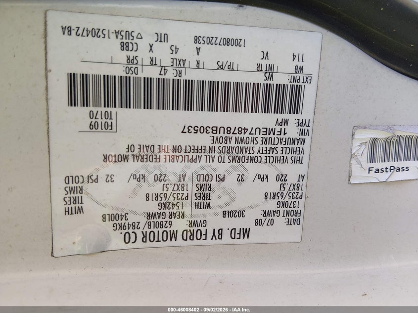 FORD EXPLORER 2008 VIN 1FMEU74878UB30537