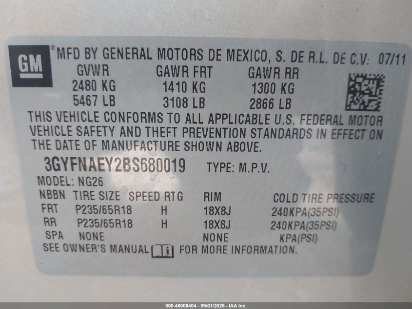 CADILLAC SRX 2011 VIN 3GYFNAEY2BS680019