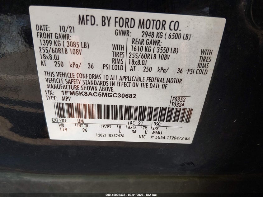 FORD POLICE INTERCEPTOR UTILITY 2021 VIN 1FM5K8AC5MGC30682