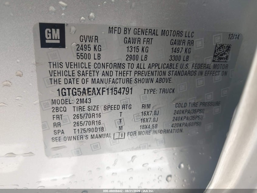 GMC CANYON 2015 VIN 1GTG5AEAXF1154791