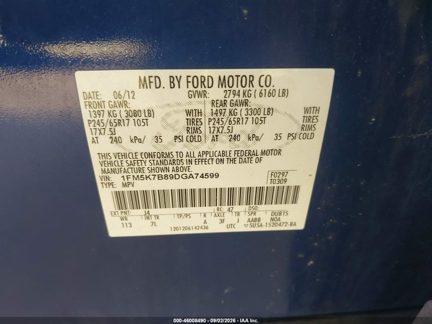 FORD EXPLORER 2013 VIN 1FM5K7B89DGA74599