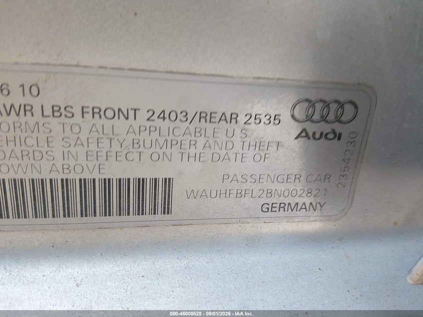 AUDI A4 2011 VIN WAUHFBFL2BN002821