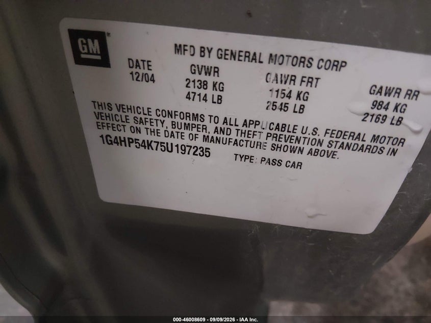 BUICK LESABRE 2005 VIN 1G4HP54K75U197235