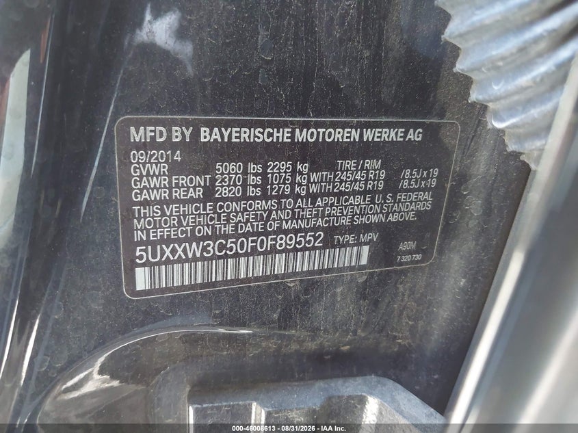 BMW X4 2015 VIN 5UXXW3C50F0F89552