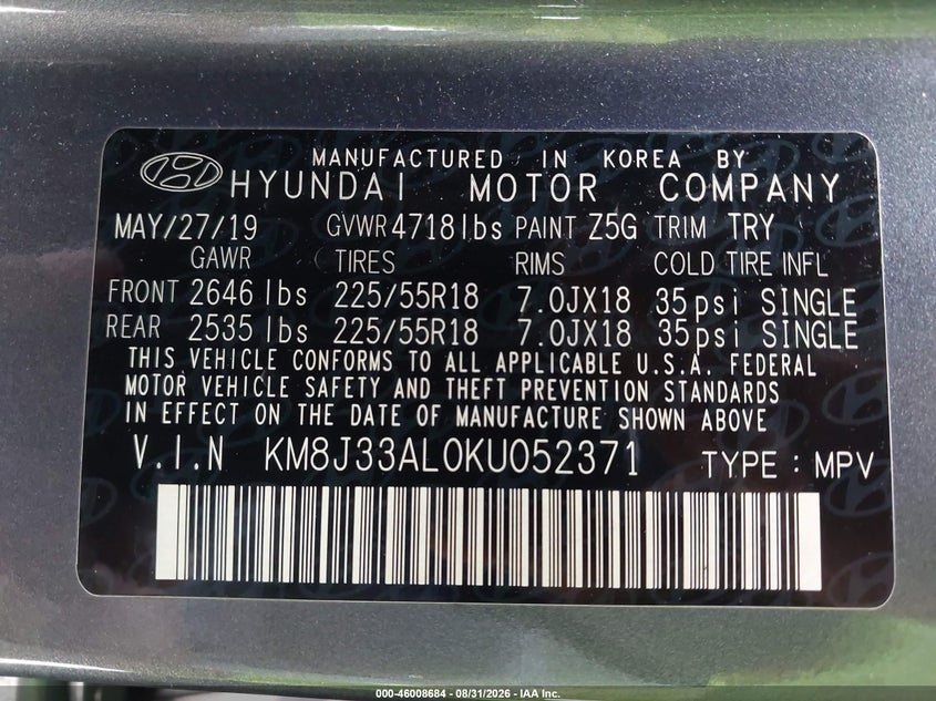 HYUNDAI TUCSON 2019 VIN KM8J33AL0KU052371