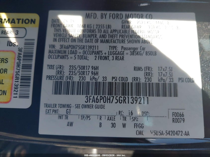 FORD FUSION 2016 VIN 3FA6P0H75GR139211