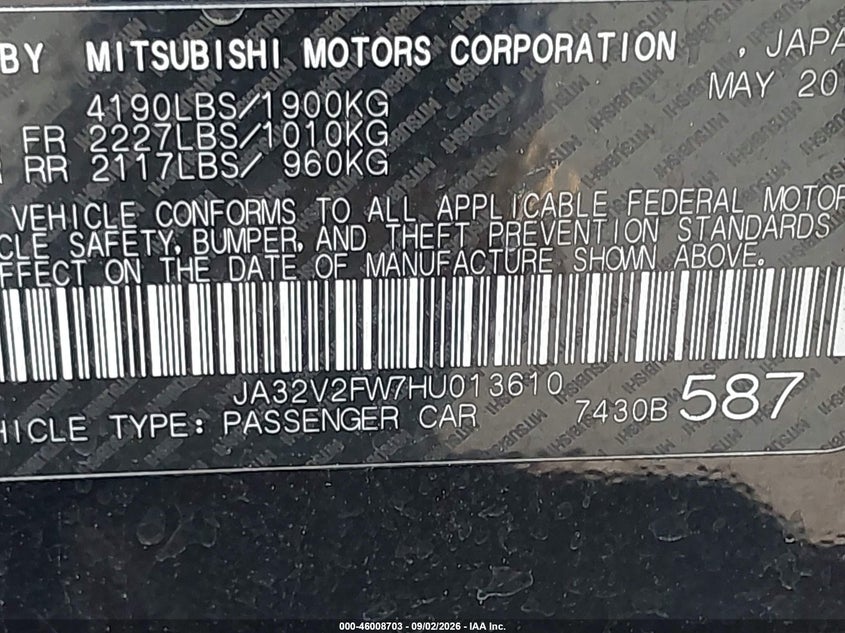 MITSUBISHI LANCER 2017 VIN JA32V2FW7HU013610