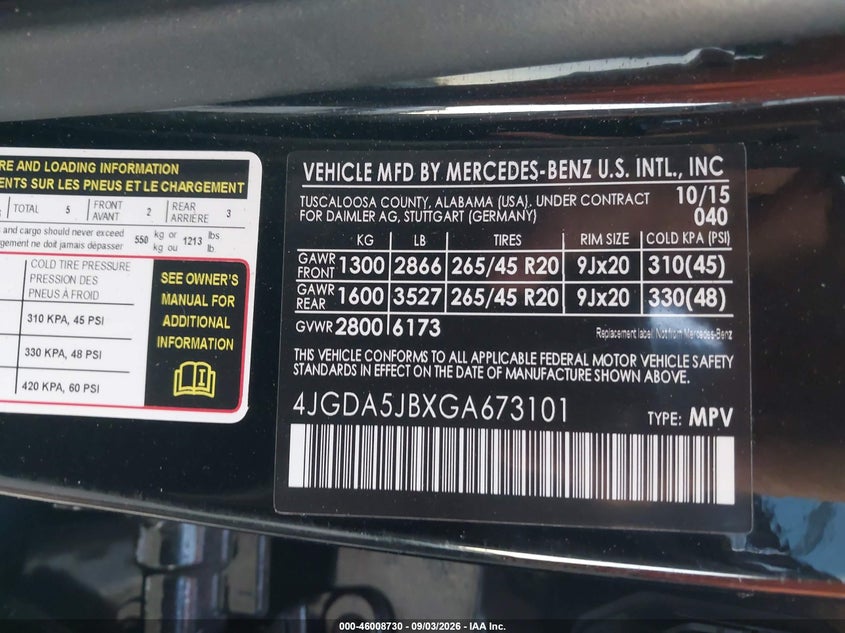 MERCEDES-BENZ GLE 350 2016 VIN 4JGDA5JBXGA673101