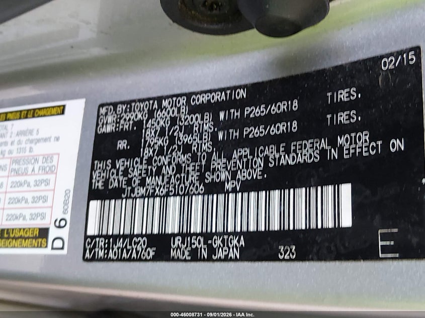 LEXUS GX 460 2015 VIN JTJBM7FX6F5107606