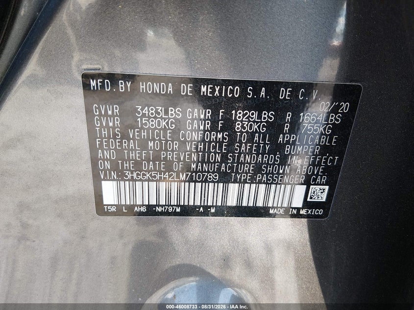 HONDA FIT 2020 VIN 3HGGK5H42LM710789