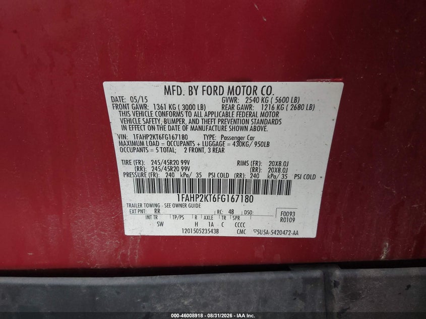 FORD TAURUS 2015 VIN 1FAHP2KT6FG167180