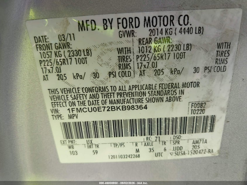 2011 FORD ESCAPE SPORT UTILITY VEHICLE 2.5L I-4 DOHC, VVT, REGULAR , 171HP