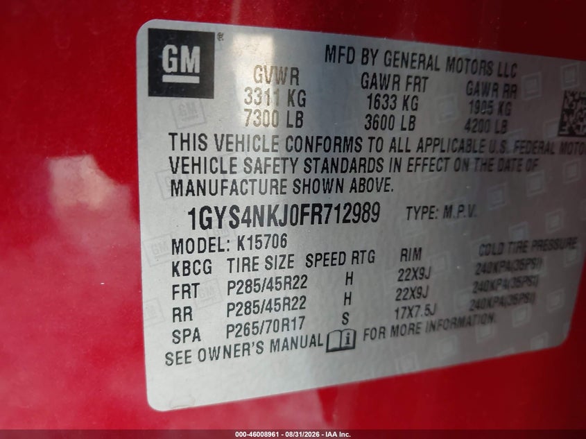 CADILLAC ESCALADE 2015 VIN 1GYS4NKJ0FR712989